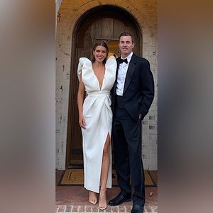 White puff sleeve formal scuba dress. As seen on Real Housewives Beverly Hills